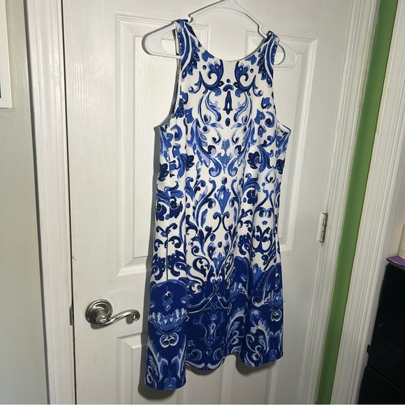 Lauren Ralph Lauren Stretch Crepe Damask Sleeveless A-line Dress Size 6 Blue - Picture 4 of 14